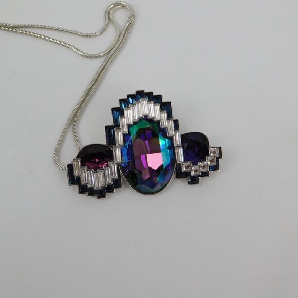 Swarovski Signed Supernova Silver Tone Necklace Brooch Multicolor Crystal - Picture 4 of 10